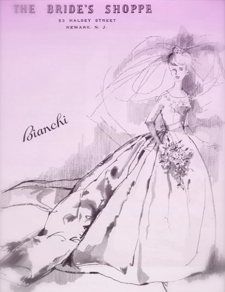 Vintage 1963 bridal ad with a double satin train and tiara - the grand theater of the mid century bride encouraged the bride to embrace the moment, live the dream and pay for it all with credit.