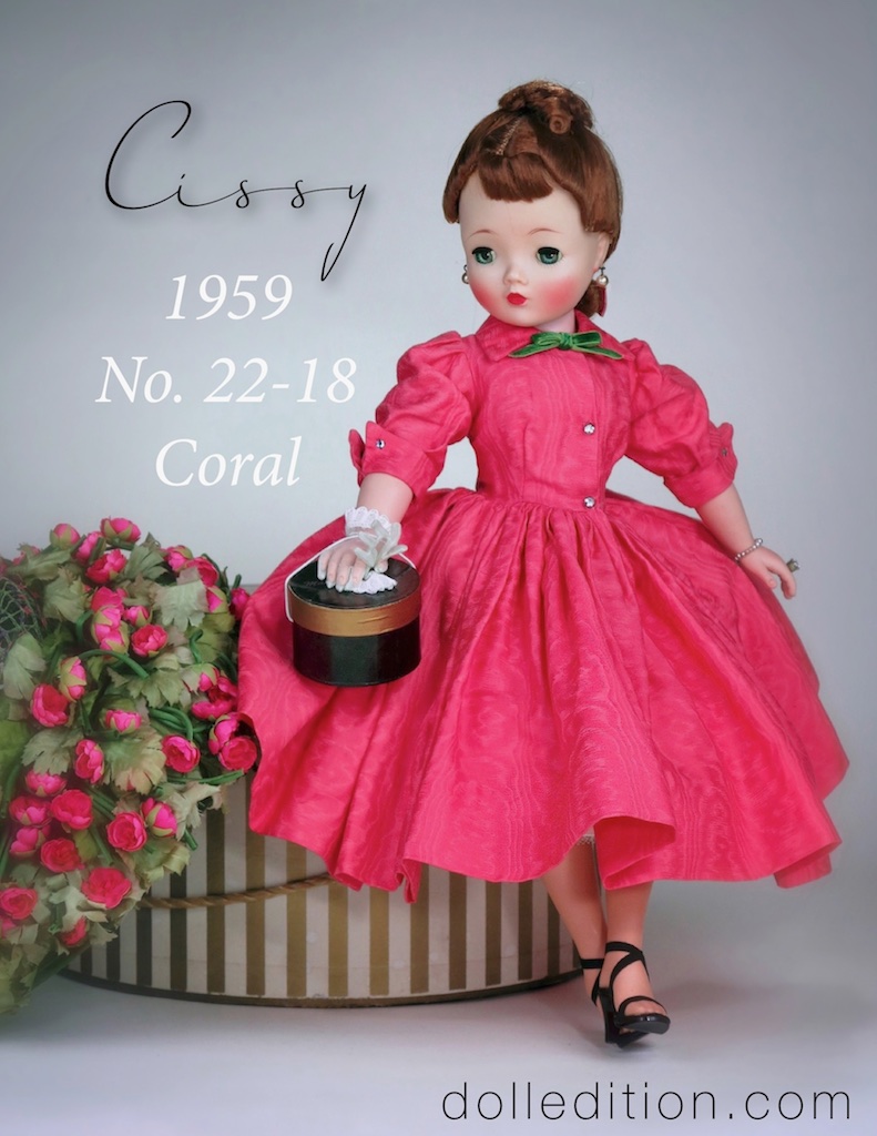 Cissy poses with a fascinating vintage hat made of tiny cabbage roses, wearing her 1959 22-18 cotton moiré print shirtmaker dress.
