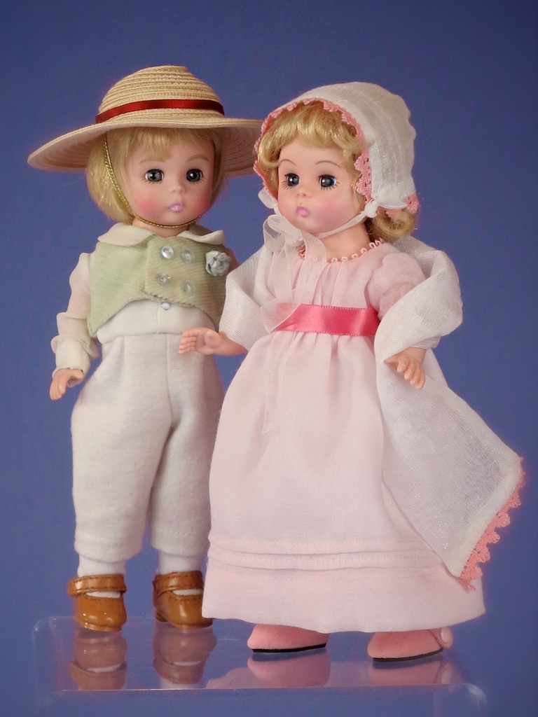 The Littlest Ghosts twins Aidan and Nadia are dressed in the period of 1805 storyline. These fashions are influenced by the early French Empire, the English Regency and the children's fashion often used by Kate Greenaway. While Kate Greenaway was writing circa 1880, she was highly influenced the English illustrator John Hoppner (1758-1810) who favored 1800-1810 children's fashion. Kate Greenaway's interpretation of this particular period through her own illustrations was so popular, Liberty of London Department Store created a line of actual children's clothing that became the rage for fashionable London children, helping to cement this retro time period in referencing Kate Greenaway.