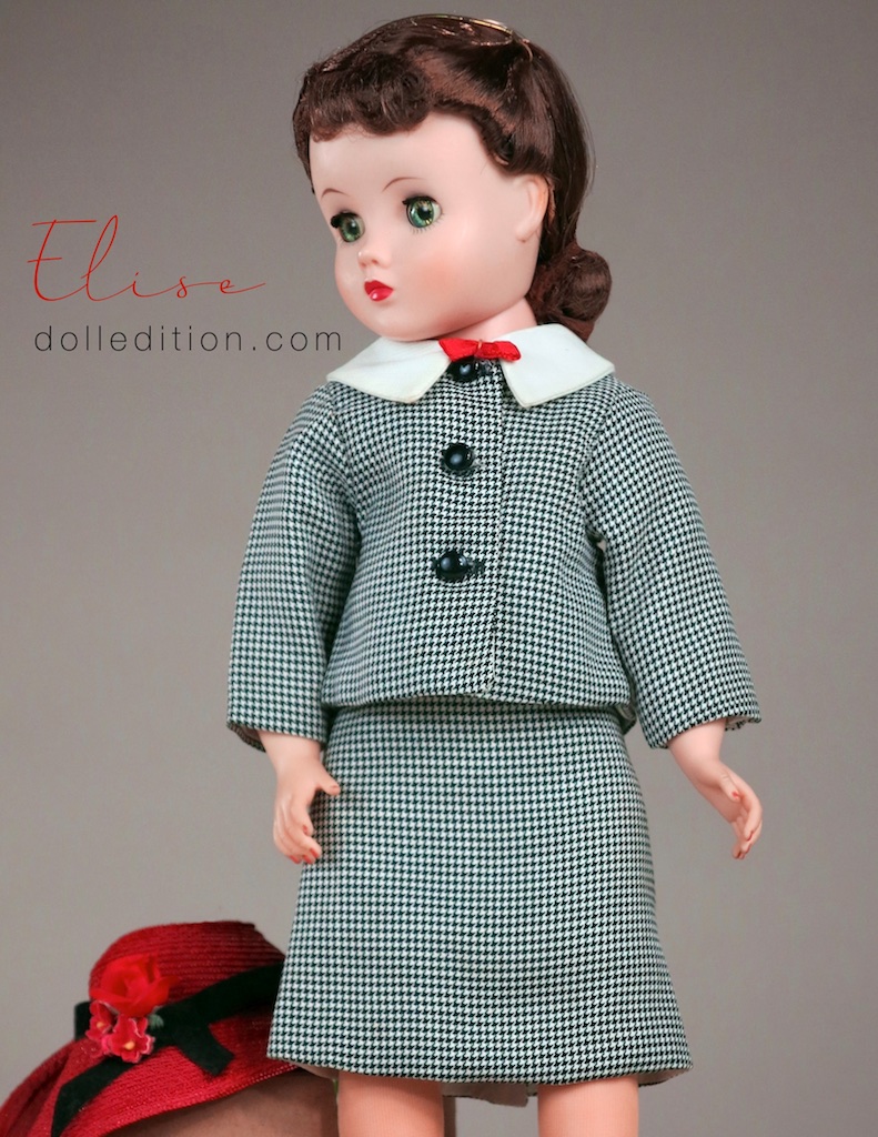 Not only did Madame Alexander capture the houndstooth moment in 1960s fashion, but the new silhouette of fashion and the influence of mens clothing accents being used in women's fashion.