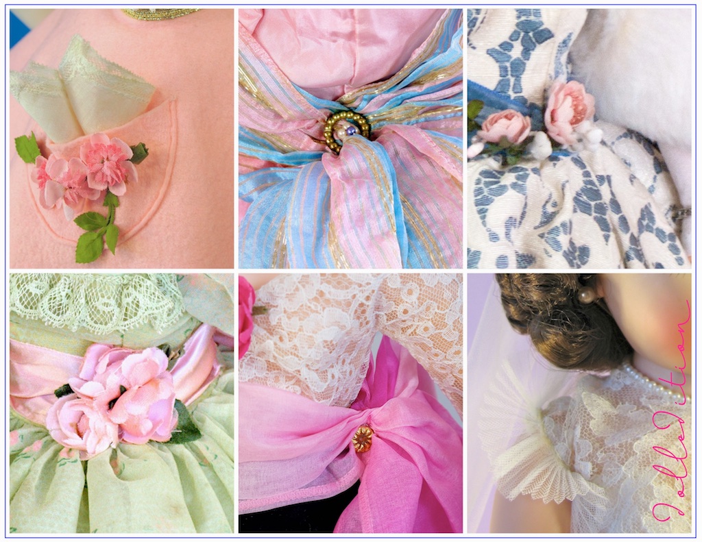 Flowers and corsages were a favorite Alexander flourish. Jewelry and millinery findings often were worked into Cissy fashions as accents. These tiny elements can make a huge difference on the value of Cissy.