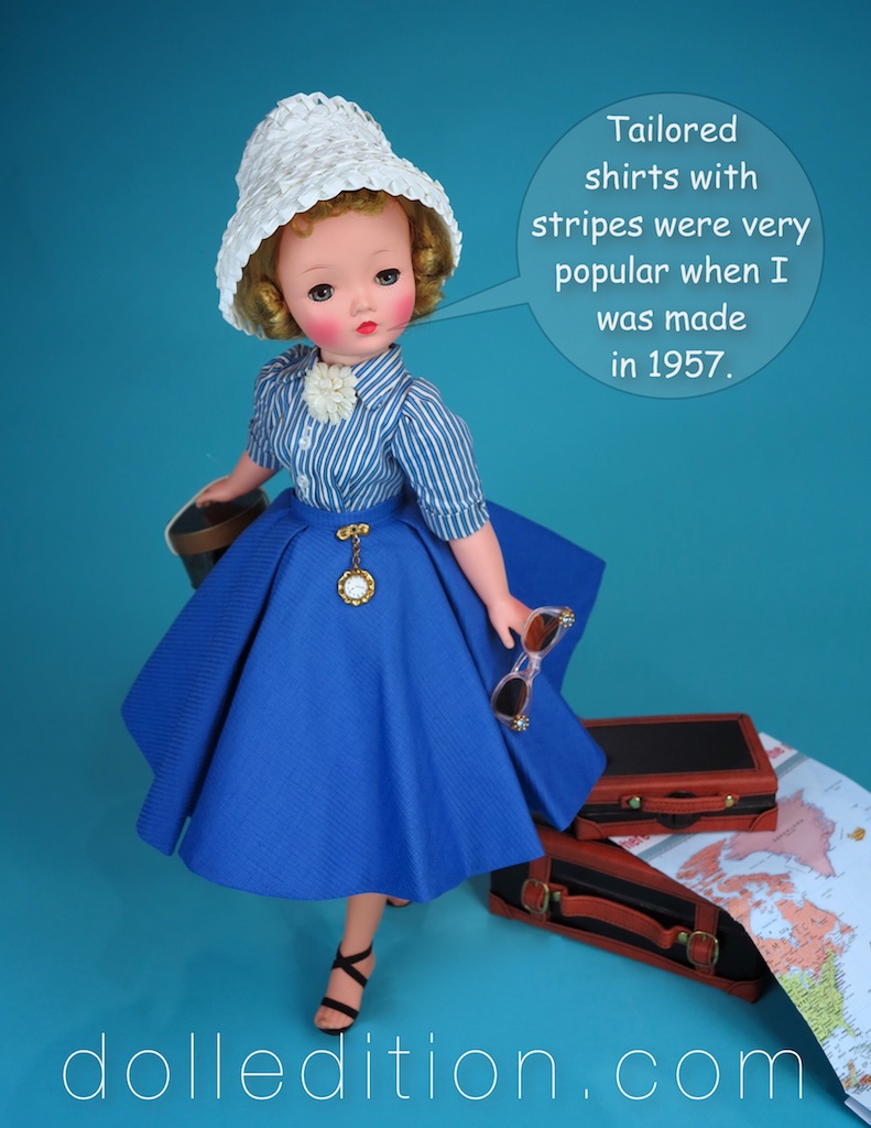 This street dress ensemble for Cissy is full of details of mid 1950s fashion. The cloche style hat was all the rage. The striped tailored shirt was part of the menswear influence in women's fashion at the time. The chatelaine watch was a new and very popular jewelry fashion trend. The inverted box pleats of the ribbon cotton skirt, which is lined, gives this a particularly nice drape to this ribbed cotton and lined skirt.