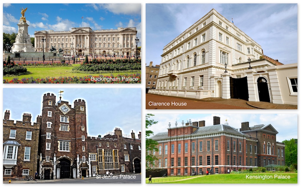 Clockwise and top left is Buckingham Palace, the official London residence of Queen Elizabeth and Prince Charles. Clarence House is the official London residence of Prince Charles and Camilla. Kensington Palace is the official London residence of Prince William and Duchess Kate. This was formally the residence of Princess Diana and to Princess Margaret - sister of Queen Elizabeth. Finally, bottom left is St. James Palace, the official London residence of Prince Harry. A number of lesser royals also have apartments here. Prince Charles lived here before he got bumped up to Clarence House. Nest door to St. James Palace is Spencer House - the former London townhouse of the Spencer family (Princess Diana). Spencer House and St. James Palace are connected by a garden gate — perhaps destiny for both families.