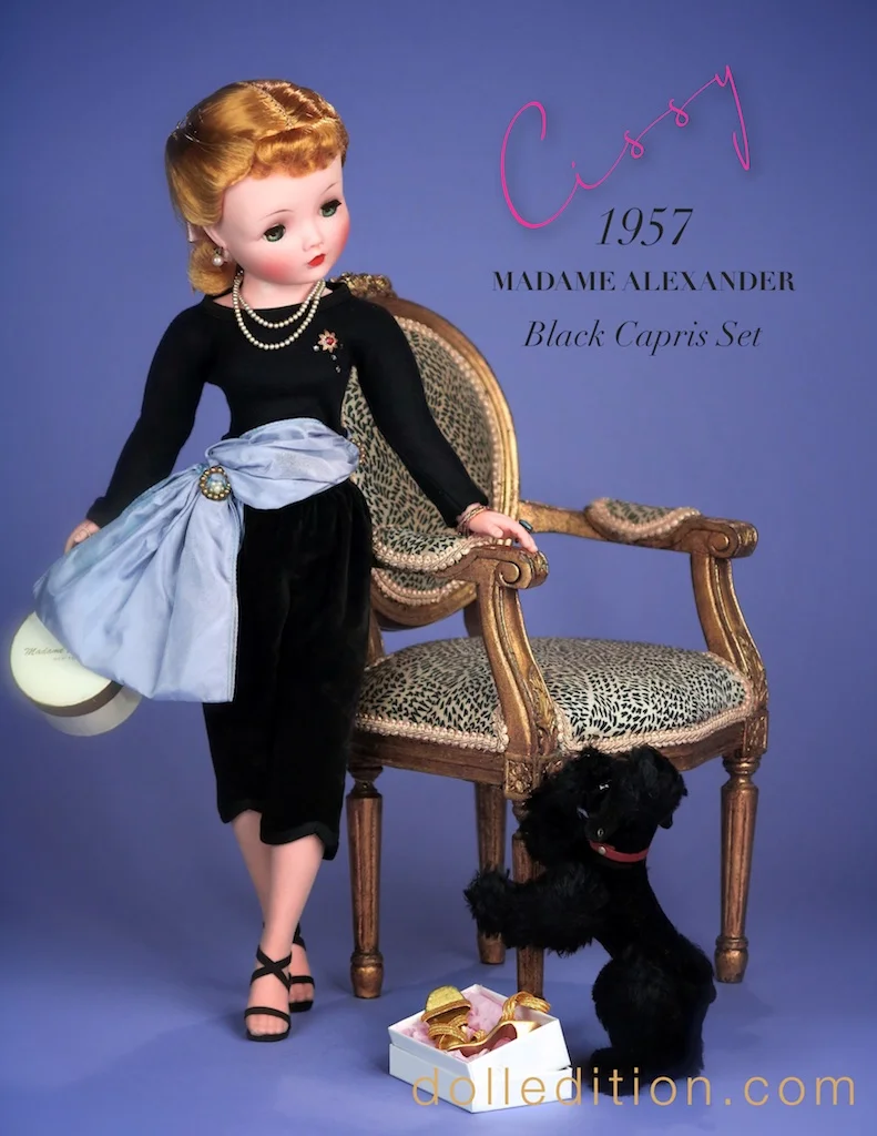 Cissy appears here on dolledition with her black French poodle "Mon'Amie". Mid century America was obsessed with all things French... clothing, as a movie theme, travel destination, high end dining, and Brigette Bardot! The French poodle became the ultimate accessory for many a fashionista of the era. The poodle motif appeared on full circle skirts, fabric patterns, wall paper, lunch boxes, nicknacks, perfume bottles and stuffed toys.