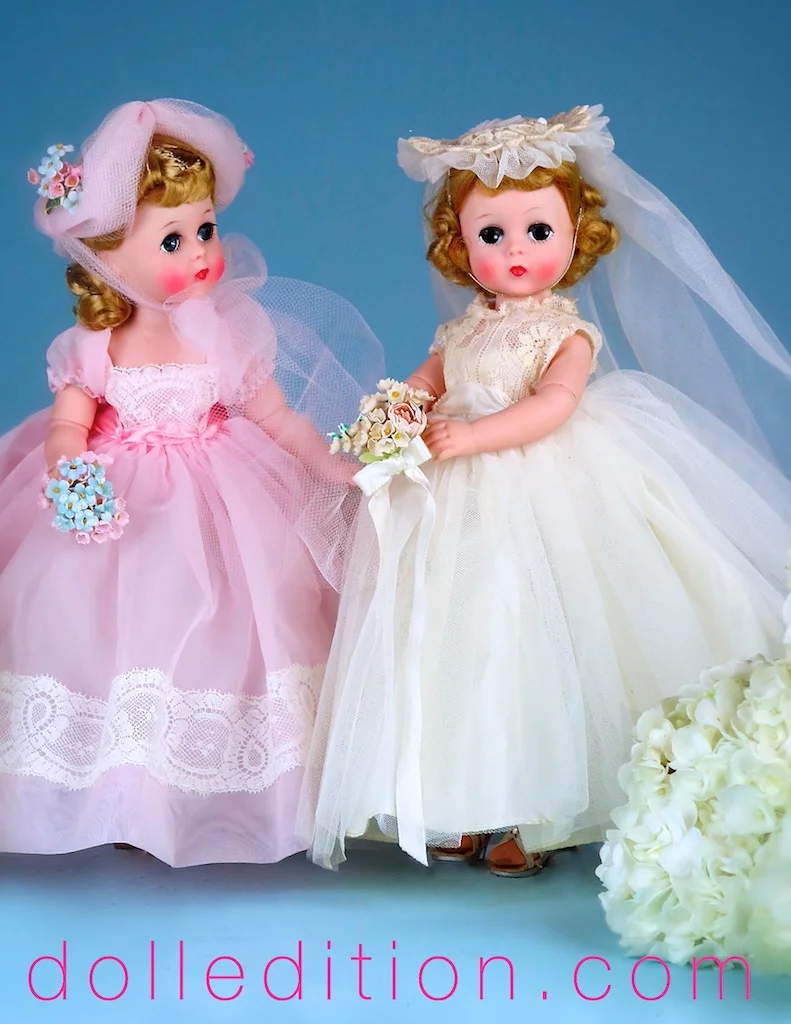 Left is Lissy 12" 1957 Bridesmaid No. 1161 in an ankle length gown of nylon with inserts of wide val lace. Her hat of tulle is tied with a wide tulle sash and she carries a nosegay of flowers .
