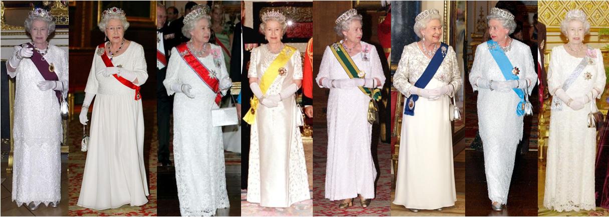 Queen Elizabeth wears a virtual rainbow of sashes with orders of different significants, from different countries and as prescribed by royal etiquette, on different shoulders.