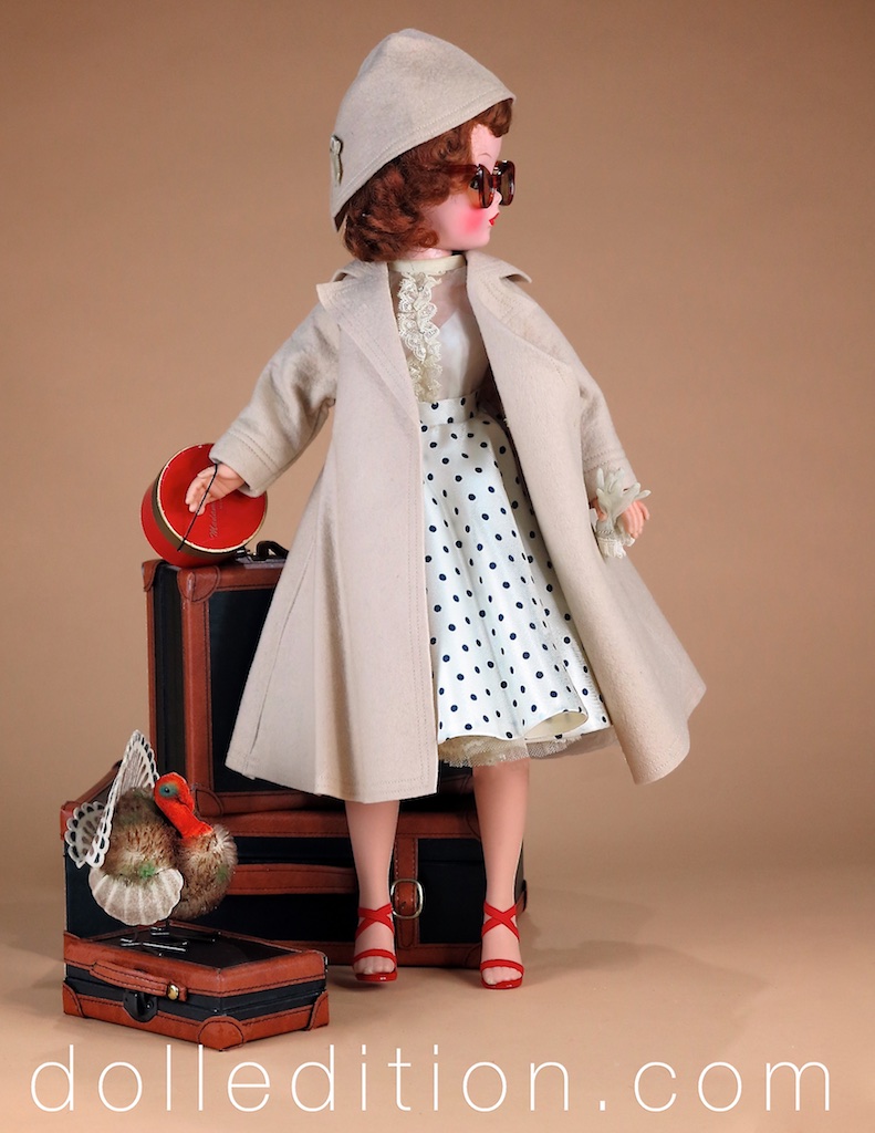 These coats sets came in a number of different colors and made of heavy boiled wool. There is some interesting detail, and shawl color. The hat has a velvet ribbon detail at the back.