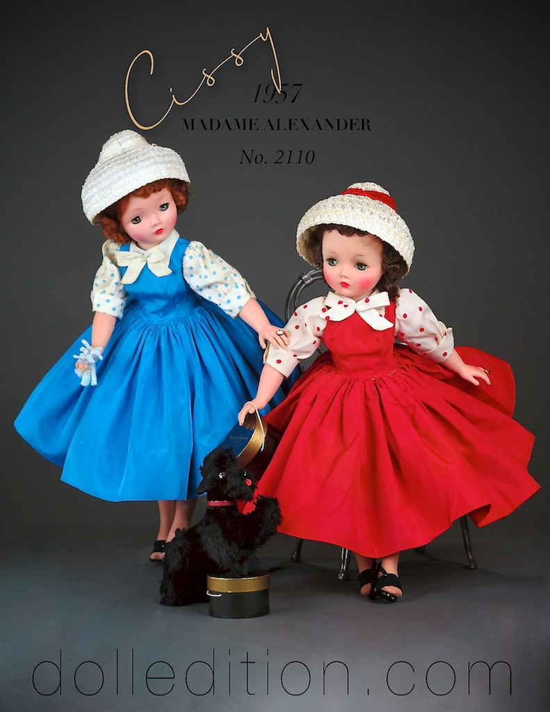 Cissy - 1957 No. 2110 blue and red variations of this taffeta shirtwaist dress with polkadot blouse and a white straw cloche hat accented with a velvet ribbons.