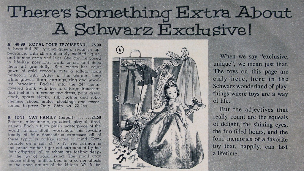 FAO Schwarz 1960 Christmas Catalog showing Queen Cissy and her Royal Tour Trousseau