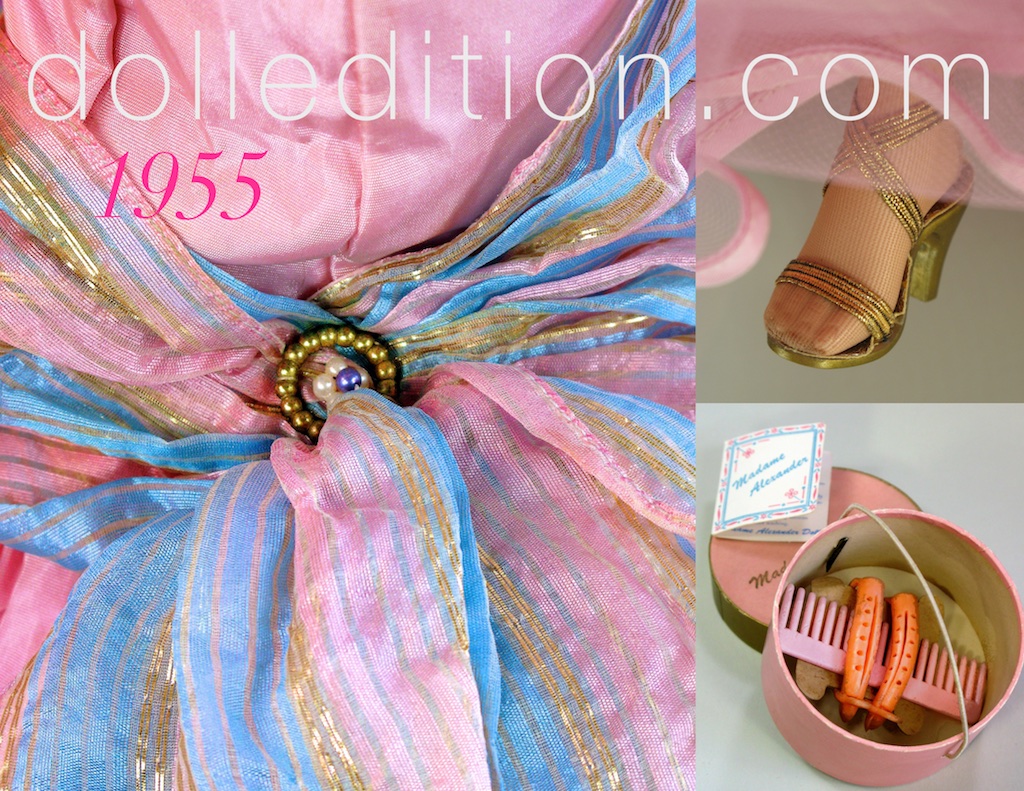Details, details... the sash used for No. 2100 gathered waist detail varied. A comb, rollers and styling booklet came inside the pink hatbox.