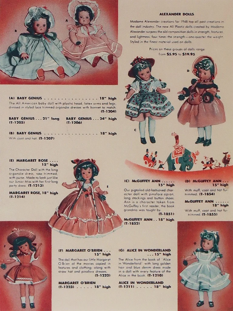 On this 1948 catalog page, the Alexander Dolls announces their introduction of hard plastic "The new All Plastic doll created by Madame Alexander surpass the old composition doll in strength, features and lightness."