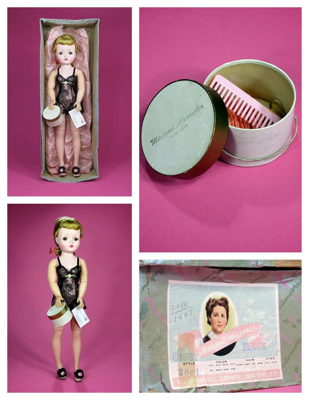  The Basic Cissy came dressed in a cream or black chemise, wearing coordinated high heel mules, hose, carrying a hat box with hair supplies and a hang tag on the wrist. Although the 1958 Basic Cissy did wear pearl earrings, more typically these dolls did not. The dolls box has a check-box for both blue eyes and brown. This particular Basic Cissy is from 1956. 