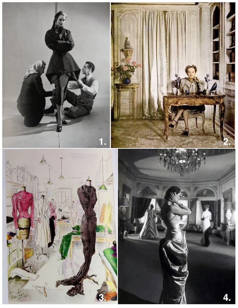 1. Charles James 1948 designing. Charles James is often called the only true American couturier; Charles James (1906-1978) was the first couturier to debut for Arden’s Fashion Floor. 2 . American Fashion Queen Hattie Carnegie 3 . Interior of Elizabeth Arden’s Atelier, Designed by Charles James & Illustrated by Cecil Beaton. 4. Interior of Second Floor Elizabeth Arden Showroom & Salon.