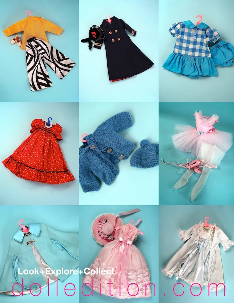 Everything in this trunk set is tagged "Madame Alexander" except for the blue sweater and hat set and the blue check dress and bloomers. However, the blue and white check set is shown in the FAO catalog photo.