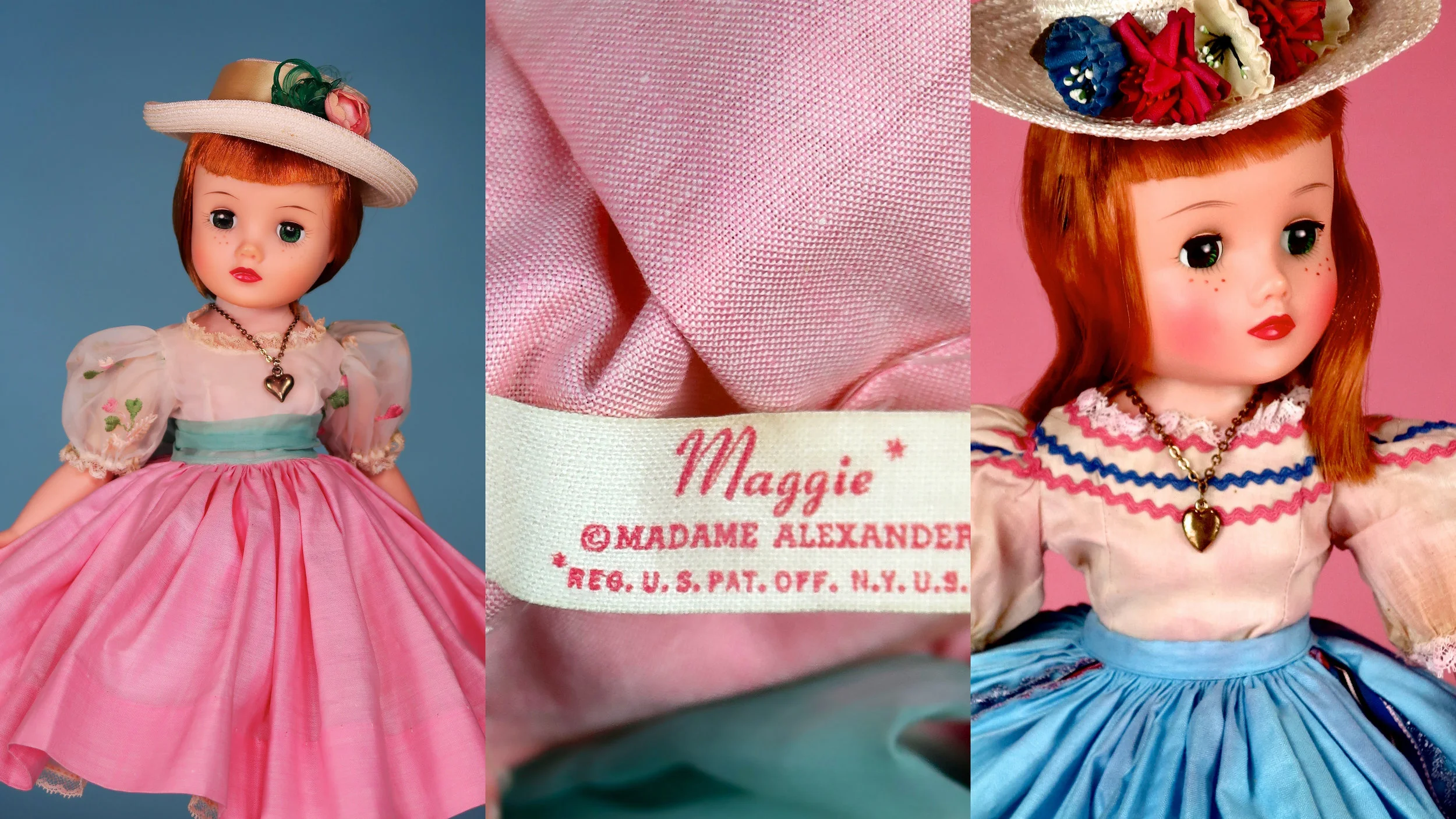 LEFT: Part of the dolls marketing was the heart necklace that the company catalog describes “shows how sentimental she is.” MIDDLE: “Maggie Mixup” got her own tag “Maggie,” and was registered with the US Patent Office. RIGHT: Maggie Mixup 1961 No. 1855, 17 inch - Maggie grew by 1/2 inch.