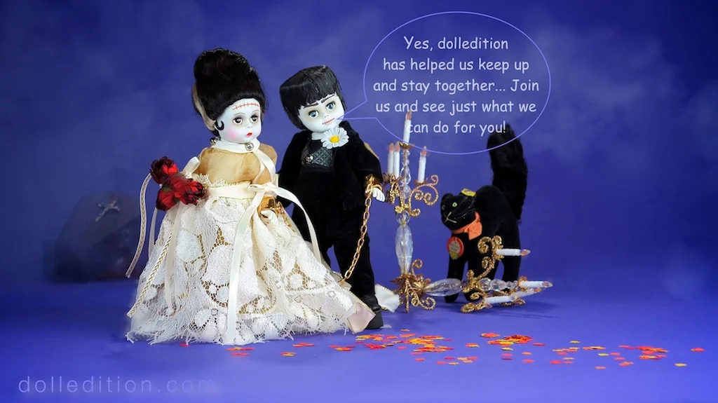 Halloween 2016 - dolledition.com / 1994 “ Mr. & Mrs. Frankenstein” by the Alexander Doll Company, “ Tom Cat” by Steiff c. 1960
