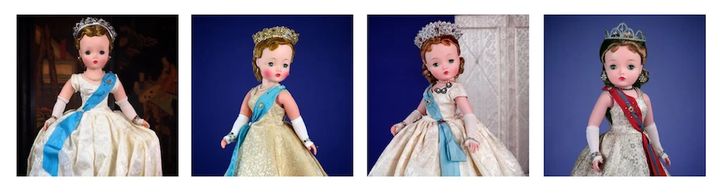 FROM LEFT: Hard Plastic & Vinyl Cissy / Queen Elizabeth 1955, 20” / Hard Plastic & Vinyl Cissy / Queen Elizabeth 1957, 20” / Hard Plastic & Vinyl Cissy / Queen Elizabeth 1959, 21” / Hard Plastic & Vinyl Cissy / Queen Elizabeth 1962, 21”