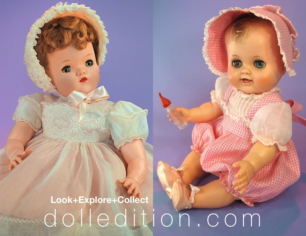 Another 1957 introduction to the Alexander production line was Dumplin’ Baby. One of the dolls innovative features was that a 23 ½” doll was light enough for even a young child to carry around.The final doll illustrated in the Forbes & Wallace Christmas 1957 catalog page is Kathy Cry-Dolly (spelled “Cathy” by Forbes & Wallace) which could drink and wet and was a very early product made entirely of vinyl.