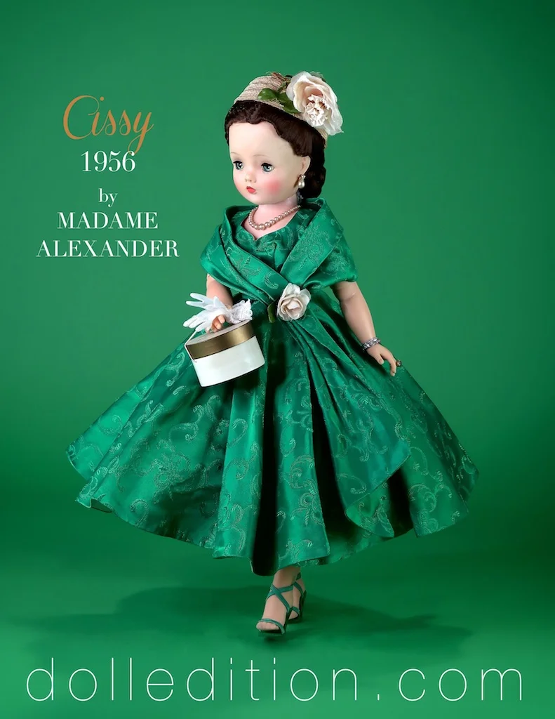 Cissy Green 1956 Side Drape Green Brocade (white lining) by Madame Alexander