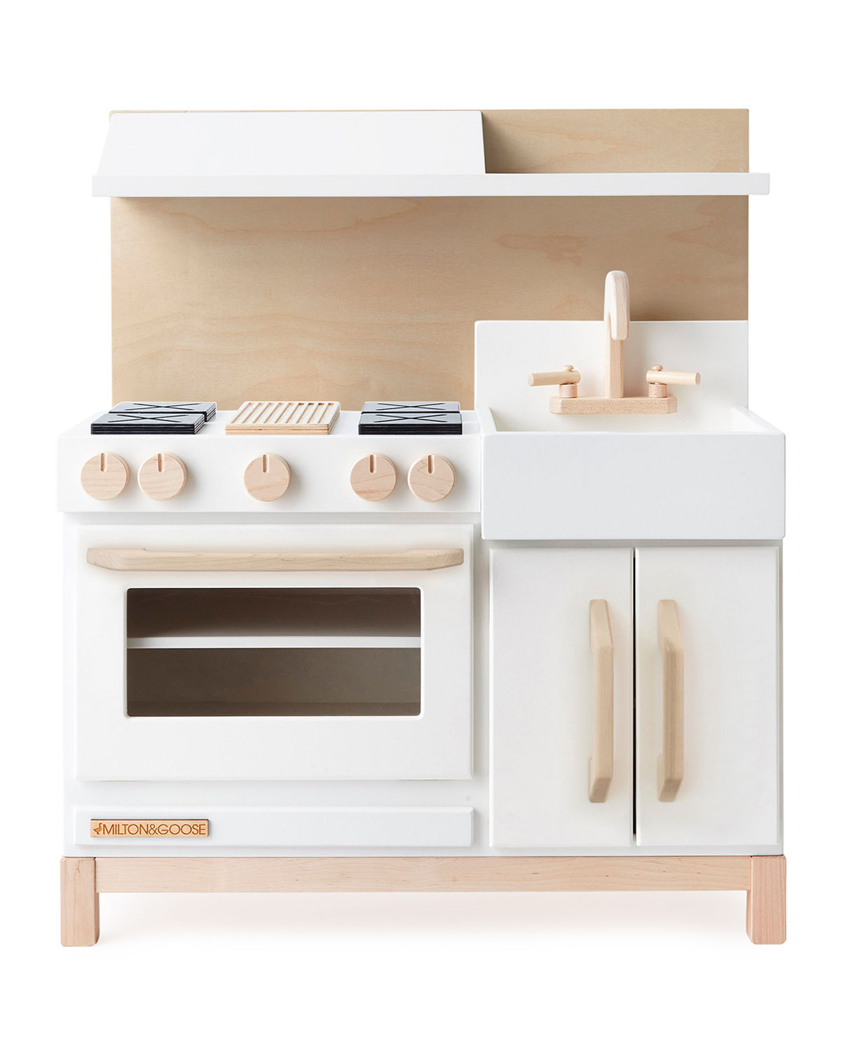 Features: extra-large oven with pull-down door for realistic play, under-sink cabinet with shelf for extra storage, hooks under hood for hanging pots and pans, upper shelf for added space, ultra-durable porcelain magnetic chalkboard, turning knobs, four burners, center grill or cutting board for expanded play, spacious farmhouse sink, hot and cold water taps, magnetic closures to keep doors securely in place.