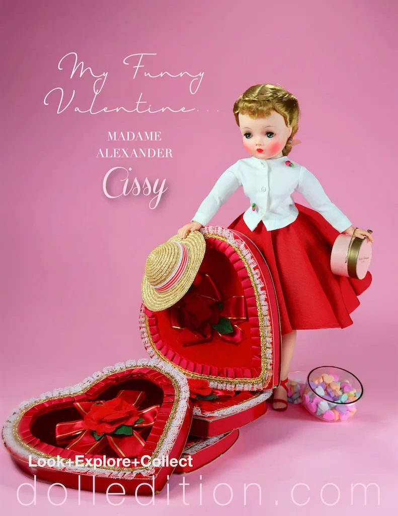 Stepping out, Cissy wears a red faille circle skirt with a white top with rose accents… vintage candy boxes and memories galore.