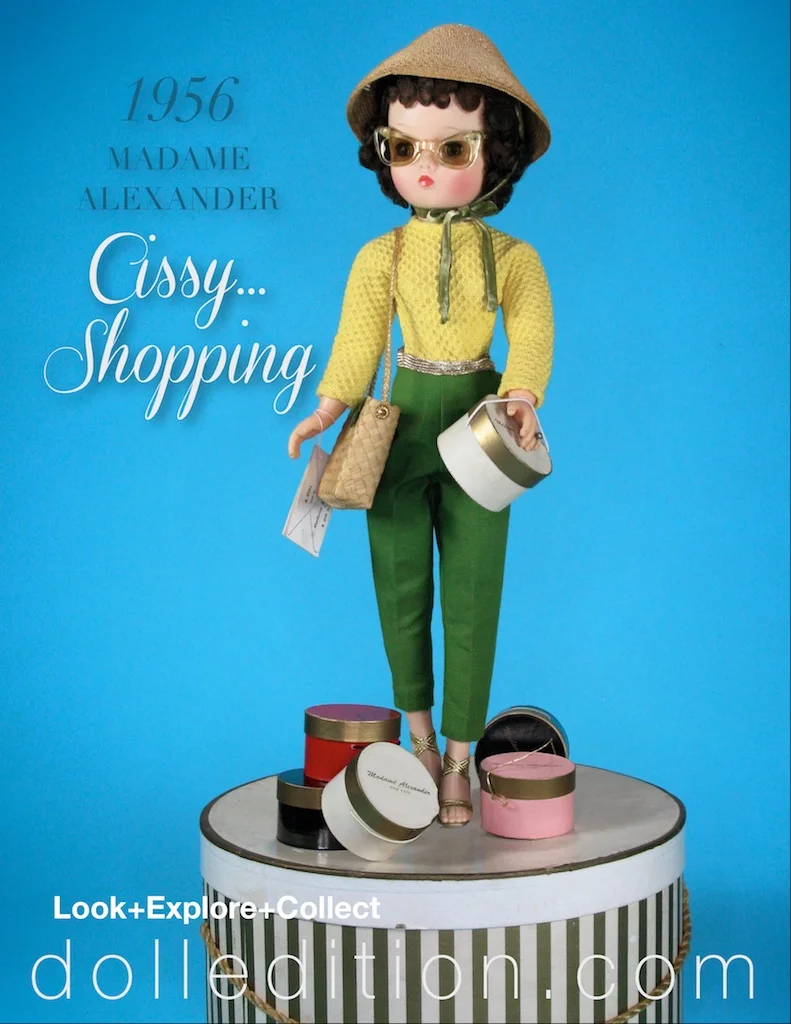 Coordination of accessories, as would become the new standard of accessorizing for fashion, ties “Cissy’s” ensemble together - straw shoulder bag, straw pagoda hat, gold stiletto heels, and the all-important cat-eyed sunglasses.