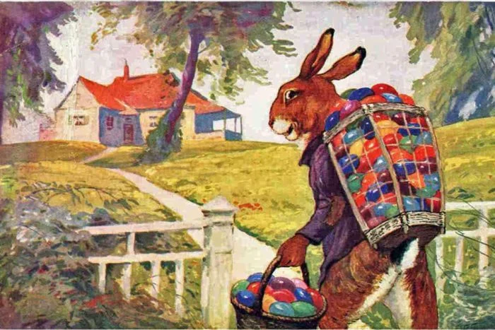 Early European artwork is showing the “Easter Hare” arriving with colorful Easter eggs to hide for well-behaved children to find.
