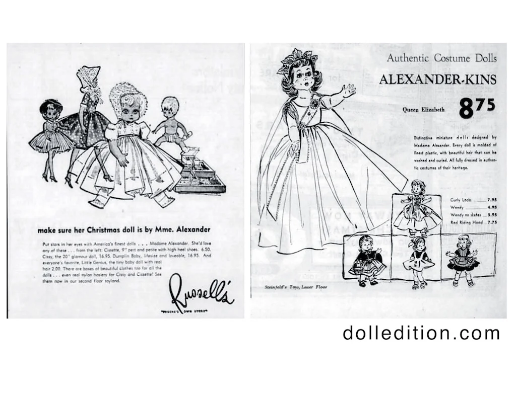 The use of illustrated ads is prevalent. I think, for one they print better than photos at the time, and Illustrations offer more creative ways to group dolls together attractively and concisely. The level of talent, however, provides some individual interpretations. LEFT: The Eugene Guard · Thu, Nov 27, 1958 RIGHT: Arizona Daily Star · Sun, Nov 25, 1956