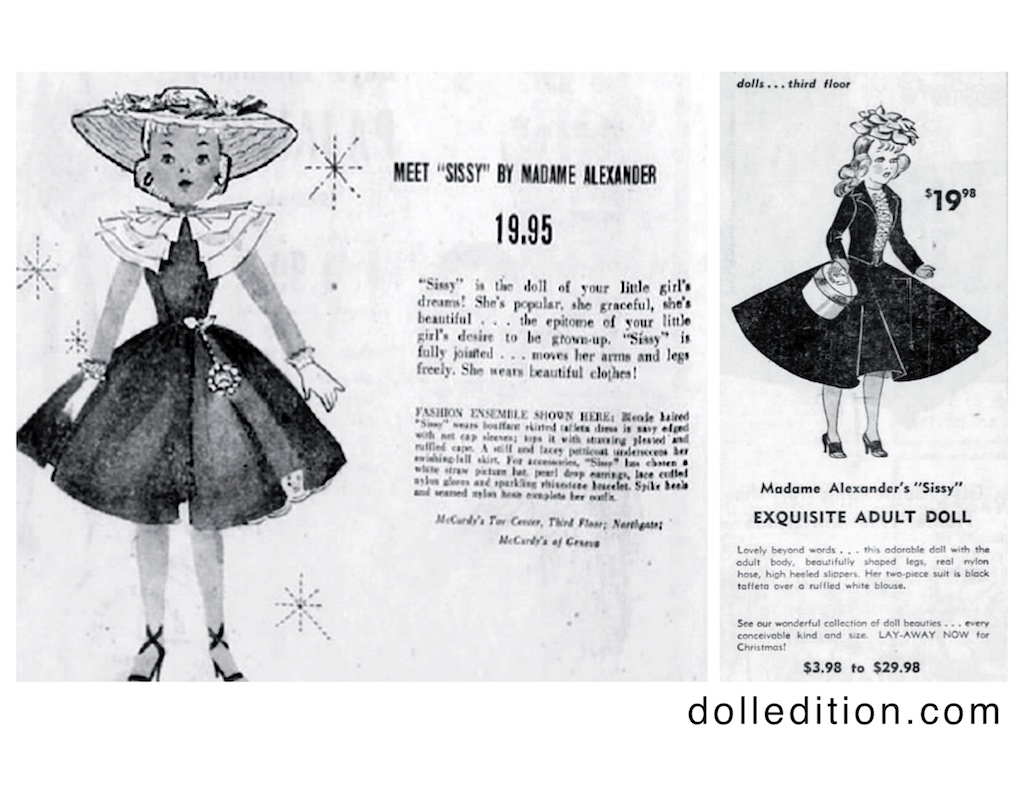 “Cissy,” a doll that was revolutionary in her concept at the time, was clearly a trendy doll by the sheer quantity of ads she received. There were some examples when “Cissy” got spelled “Sissy.” LEFT: Democrat and Chronicle · Thu, Dec 5, 1957 RIGHT: The Shreveport Times · Sun, Nov 11, 1956