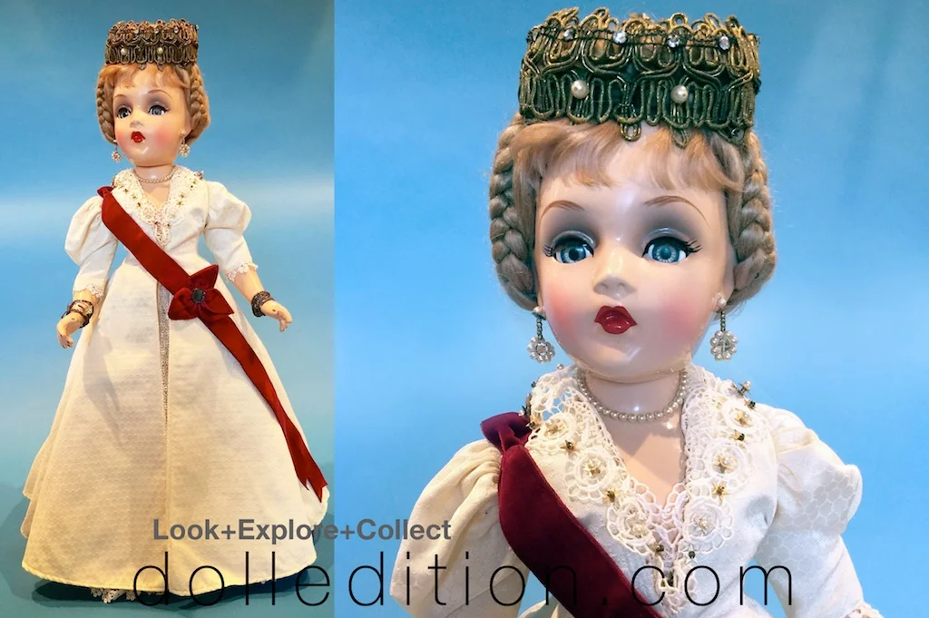 “Victoria” composition 21” 1946 Portrait Doll which is the same design as the 1936 “Princess Flavia.” There was not a similar doll in the 1942 series. Photos are by Rodney Waller.