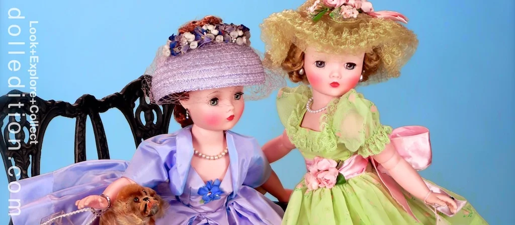 LEFT: “Cissy” wears a lilac woven straw hat with an open crown RIGHT: “Cissy” wears a horsehair picture hat that matches her dress, with roses and ribbon accents