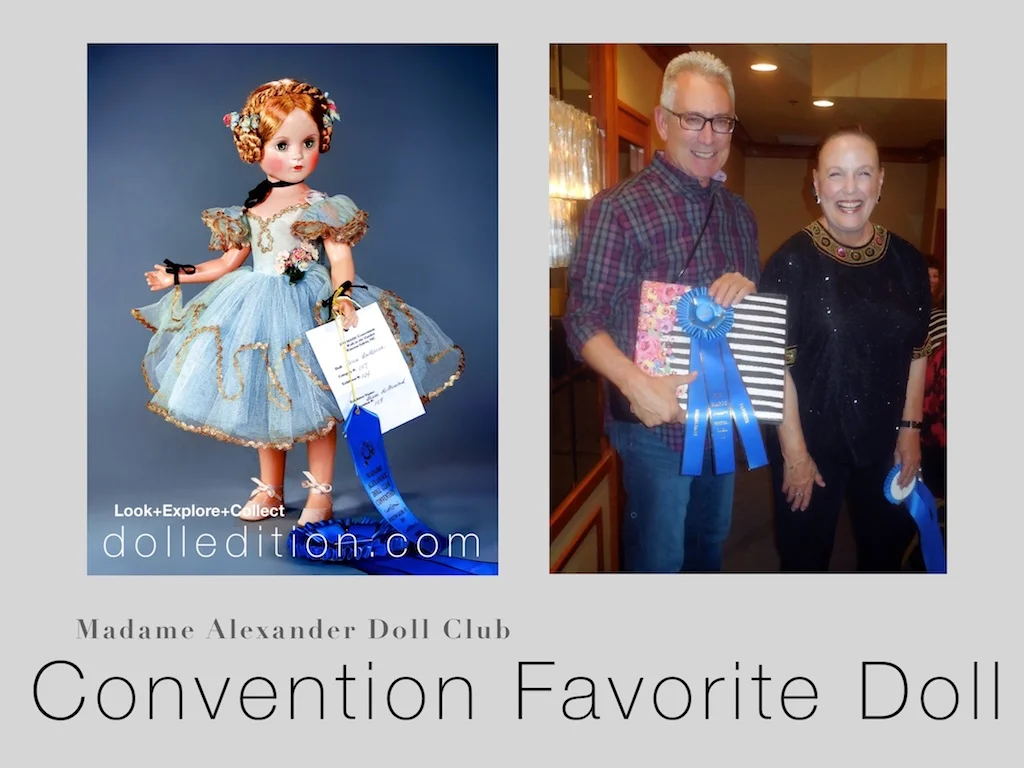 Bruce deArmond with Marsha Hunter receiving the Madame Alexander Doll Club 2019 Convention “Favorite Doll” award for my blue 1946 21” Composition “Karen Ballerina.”