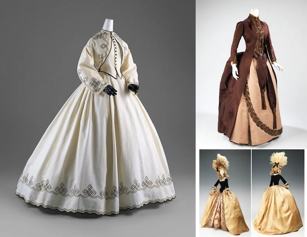 All pieces from the collections of the Costume Institute at the Metropolitan Museum. Left clockwise: "Summer Promenade" is based on a promenade dress (American 1862-64), "Belle Époque" 1888 gown in brown silk, French Fashion "1774" by the French couturier Jean Dessès.