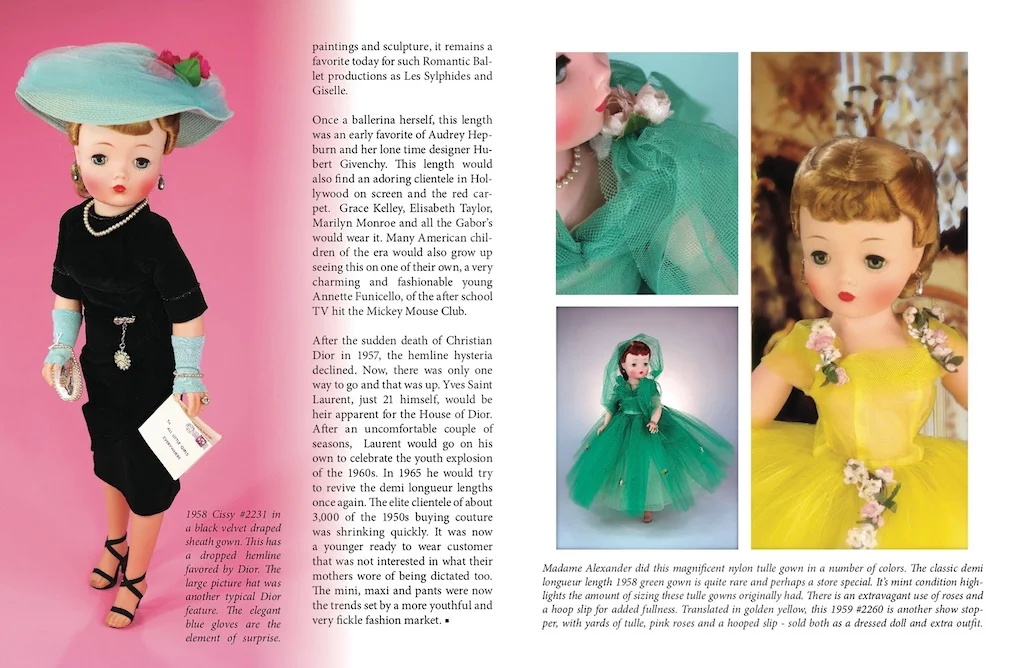 Left: “Cissy” in a draped No. 2231 (1958) sheath dress and a grand picture hat. Right: Magnificent evergreen tulle (1958) demi longueur gown with corsage and attached stole.