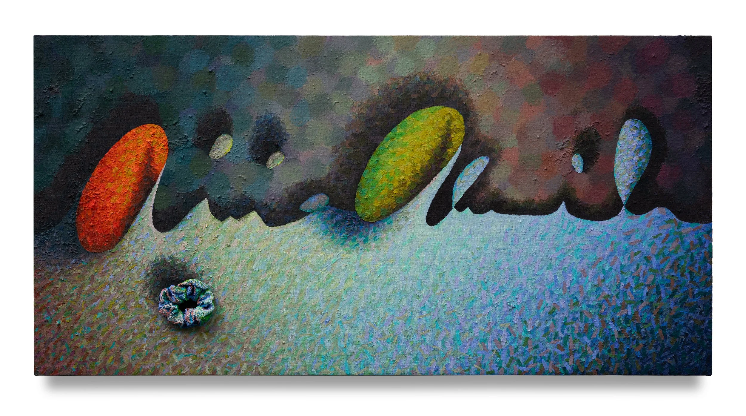 Alicia Adamerovich, Kissing me!, 2025, oil and scrunchie on linen over panel, 24 x 48 inches