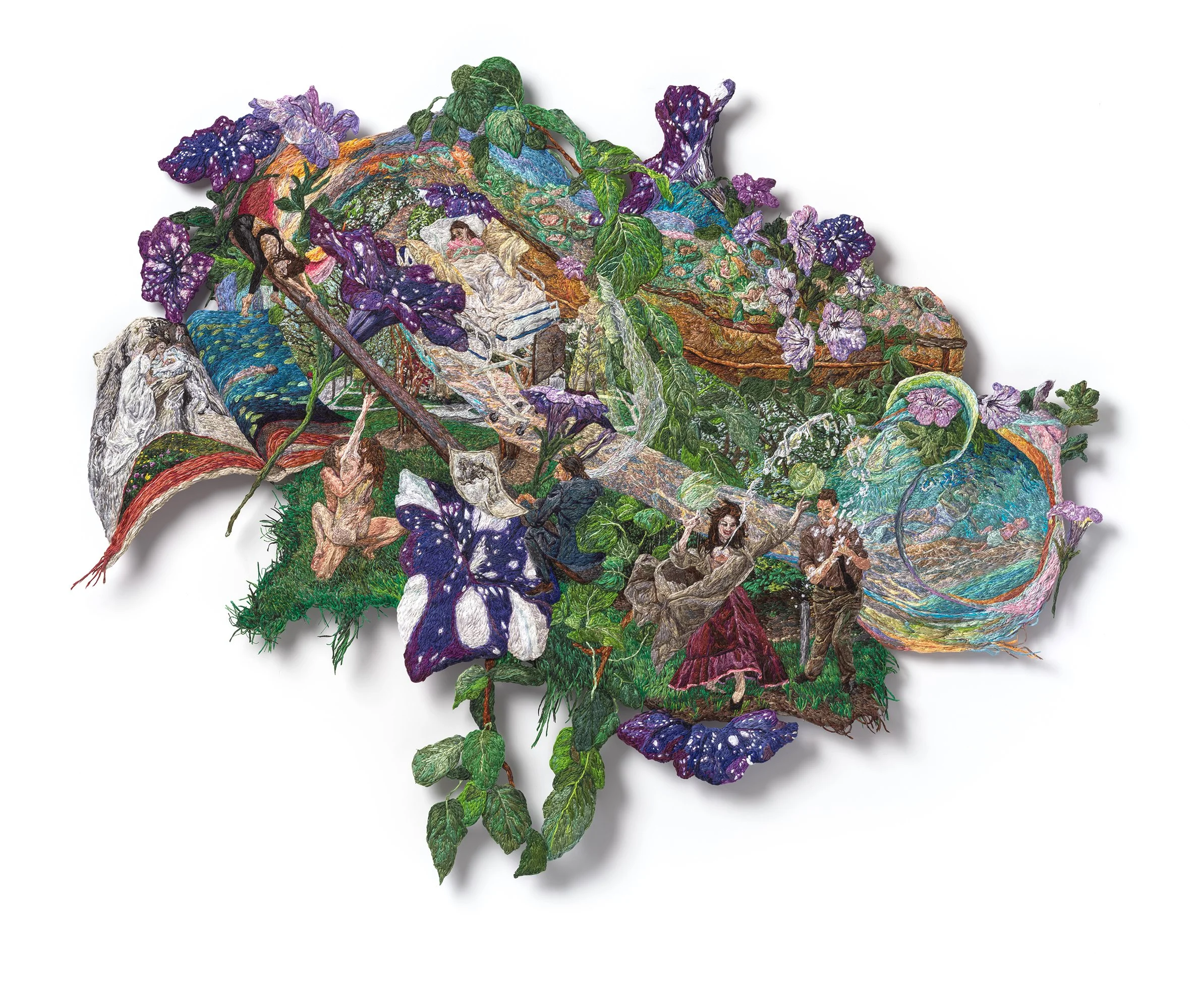 Sophia Narrett, These Days are Mine to Keep, 2025, embroidery thread, fabric, acrylic aluminum, 24 x 30 inches