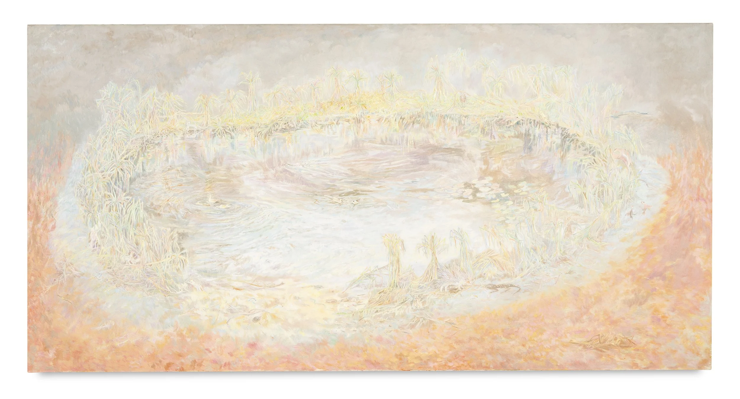 Siji Krishnan, Untitled, 2023-24, oil on jute, 49 3/4 x 99 1/2 inches