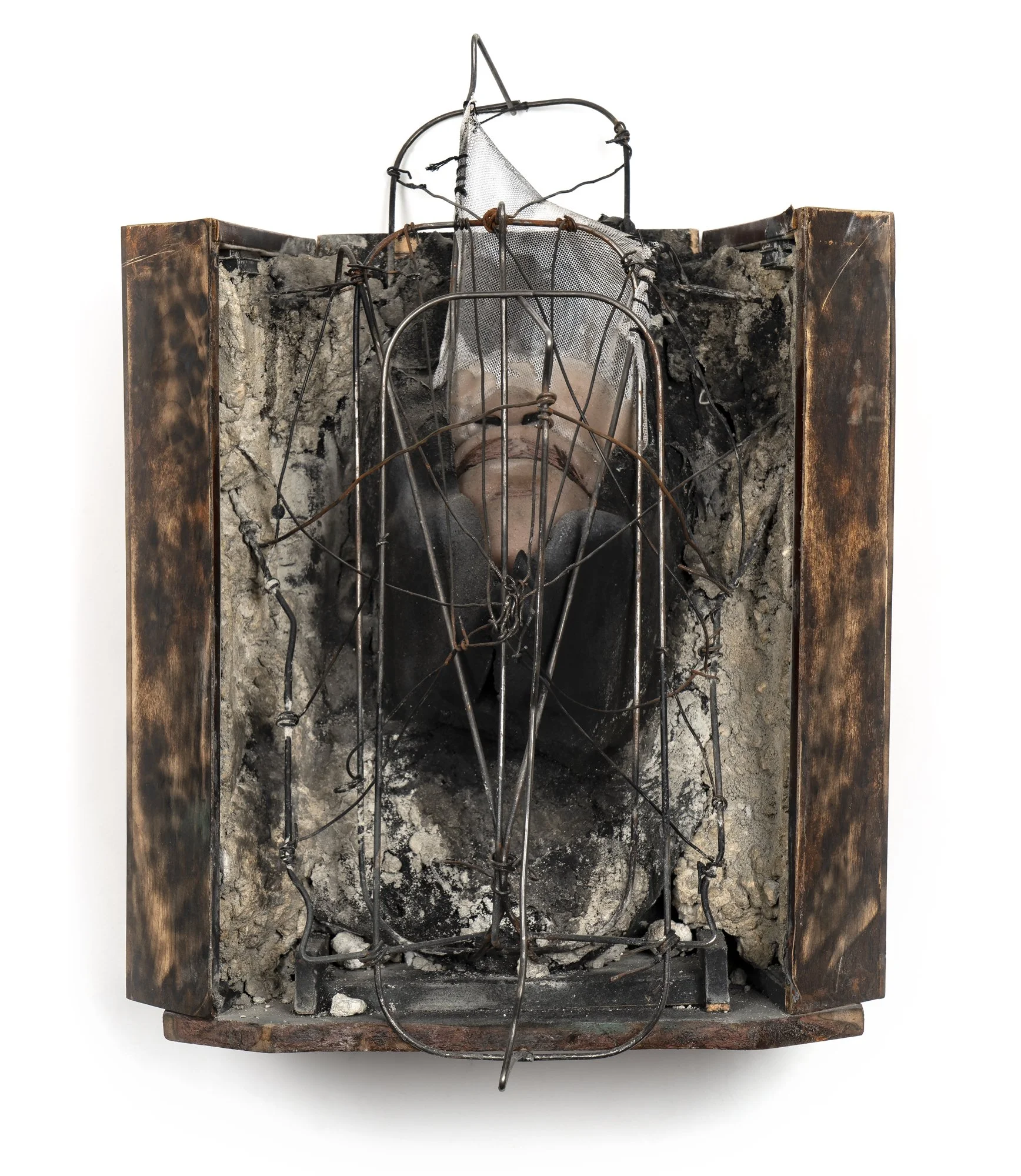 Chiffon Thomas, Untitled, 2021 Wood, wire, fabric mesh, silicone, embroidery floss, semi-rigid urethane plastic, black in and charcoal dust, 14 1/4 x 13 x 13 inches