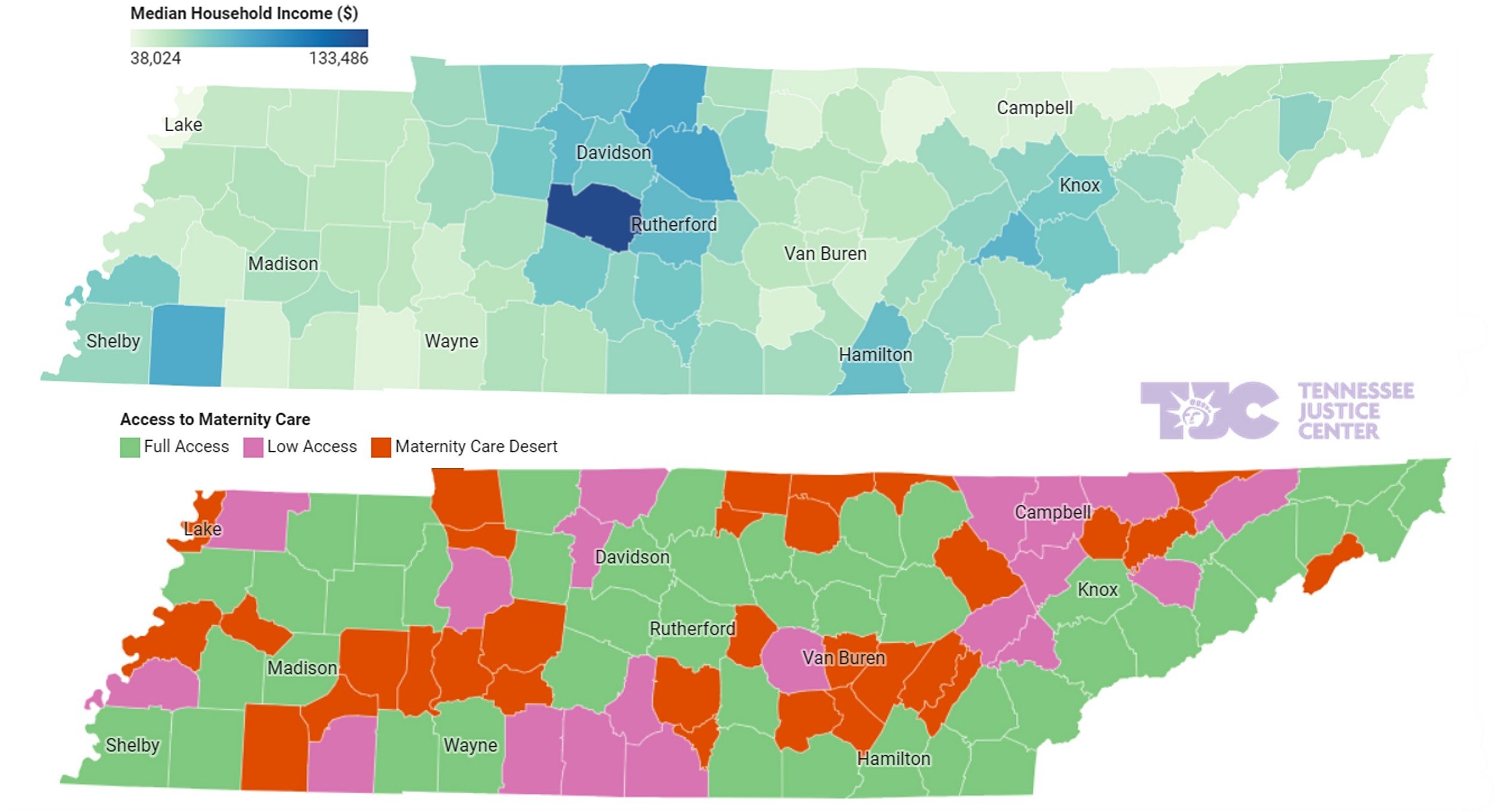 Map of Tennessee highlighting counties by median household income, with counties labeled Davidson, Rutherford, Knox, Hamilton, Campbell, Van Buren, Madison, Shelby, Wayne, and others. The map shows areas with different access levels to maternity care, color-coded as full access in green, low access in pink, and maternity care desert in orange, with counties labeled accordingly. The logo of Tennessee Justice Center is in the bottom right corner.