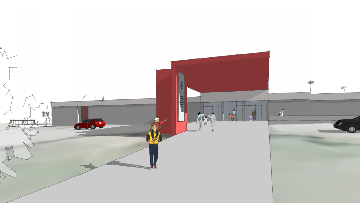 Overhangs to shield visitors and create cohesion on campus
