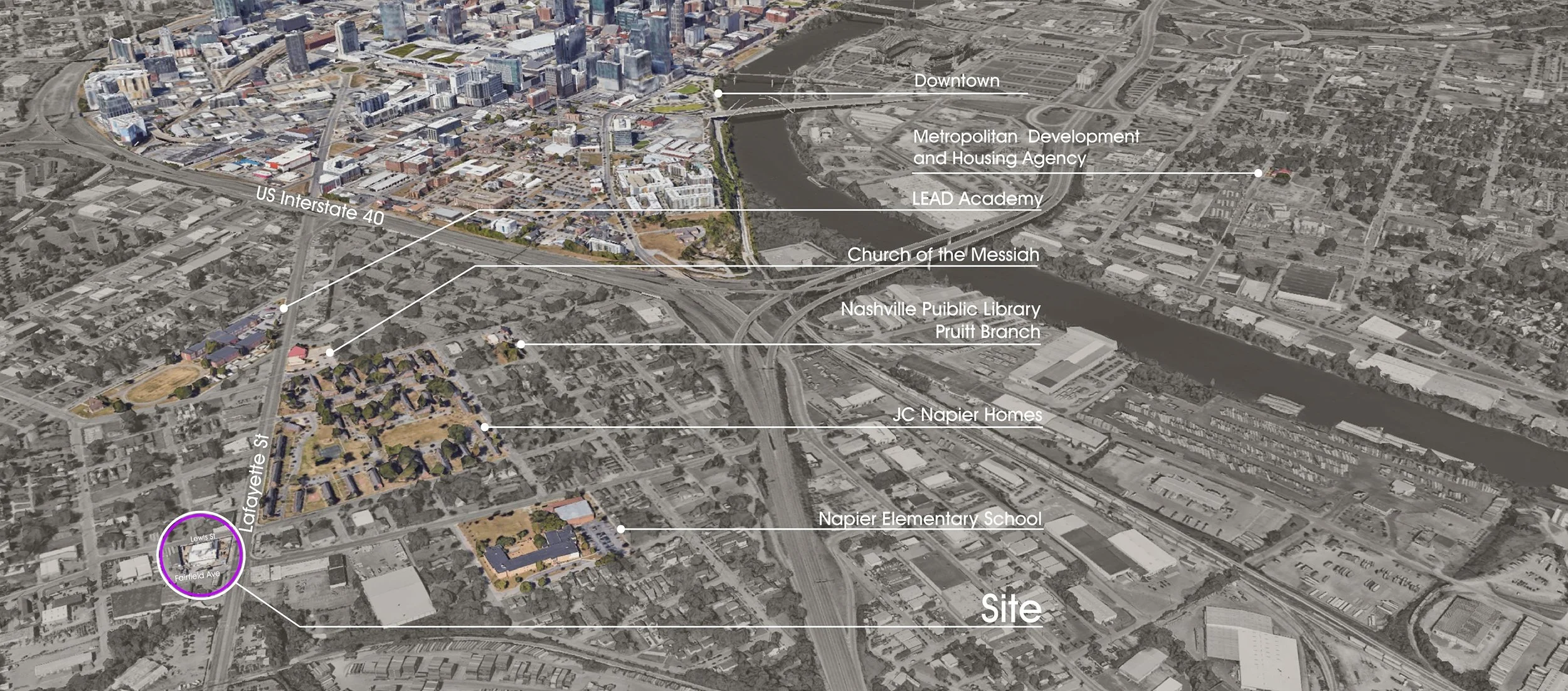 Aerial view of a city with labels indicating landmarks including Downtown, Metropolitan Development and Housing Agency, LEAD Academy, Church of the Messiah, Nashville Public Library Pruitt Branch, JC Napier Homes, Napier Elementary School, and a site at the intersection of Lafayette St and Fairfield Ave.