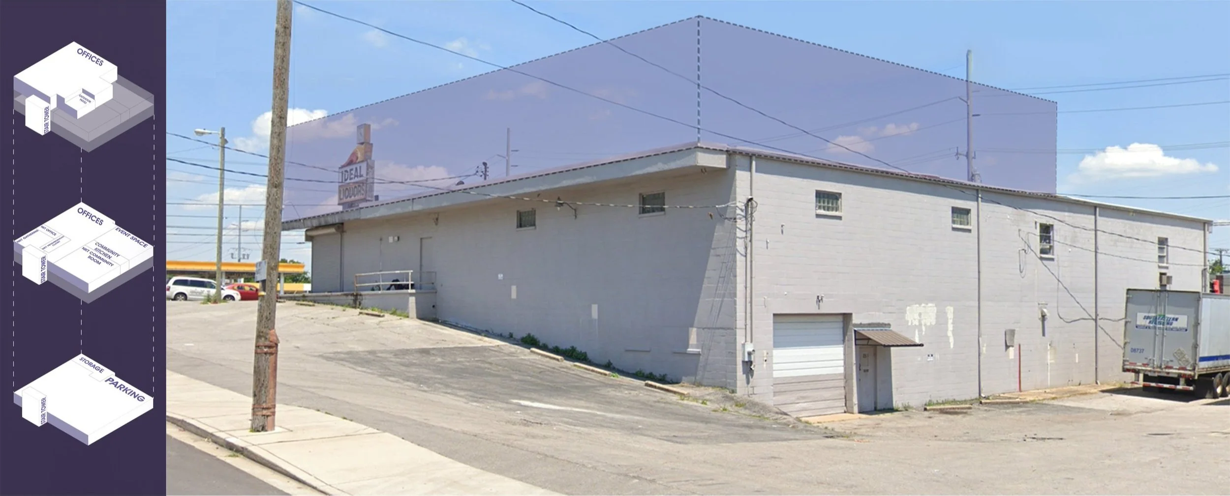 A light gray building with small windows, located on a sloped street. A delivery truck is parked nearby, and power lines run overhead under a partly cloudy sky. A sign indicating 'Ideal Liquor' is visible on the building.