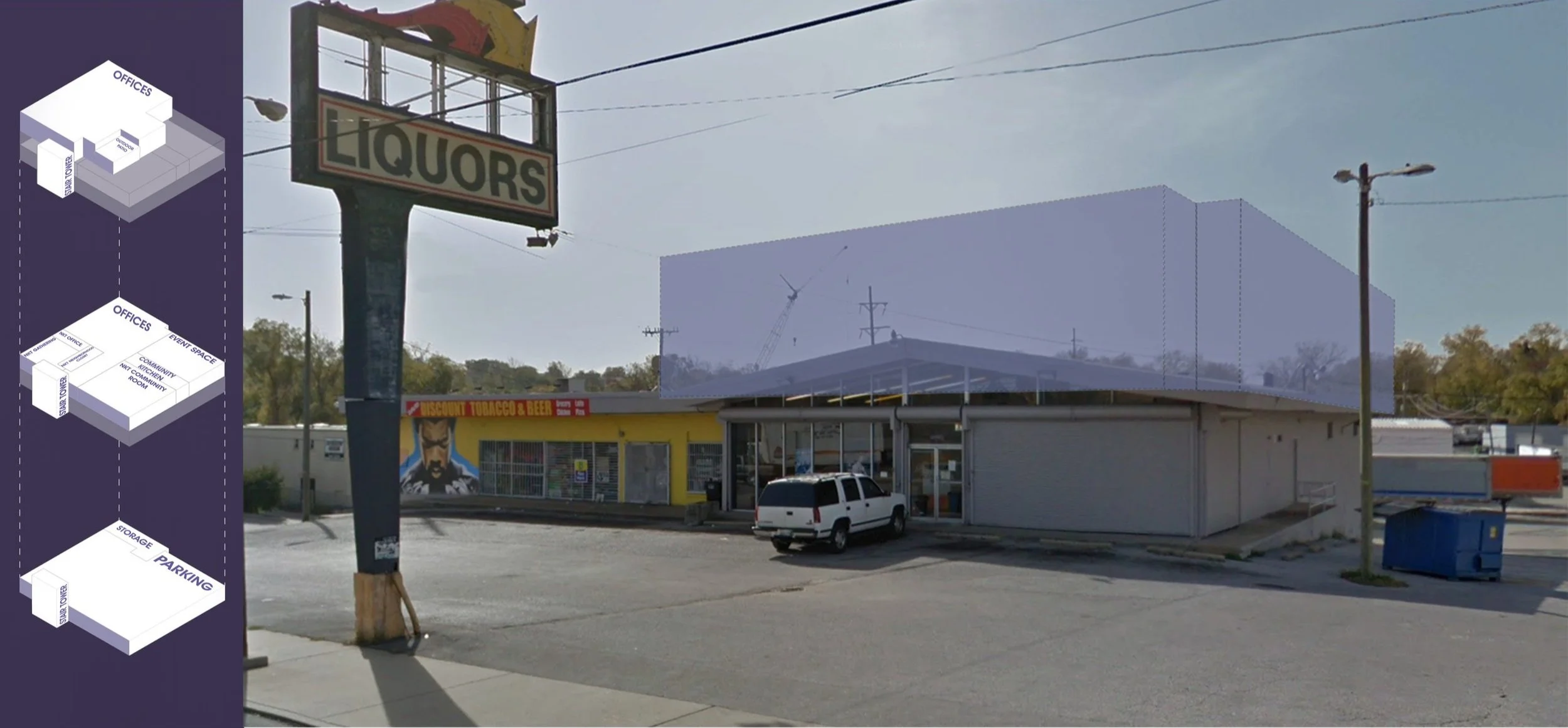 A small store with a yellow facade, a sign advertising tobacco and beer, a white vehicle parked in front, and a large 'Liquors' sign on a pole. The background includes power lines, a construction crane, and a blue sky.