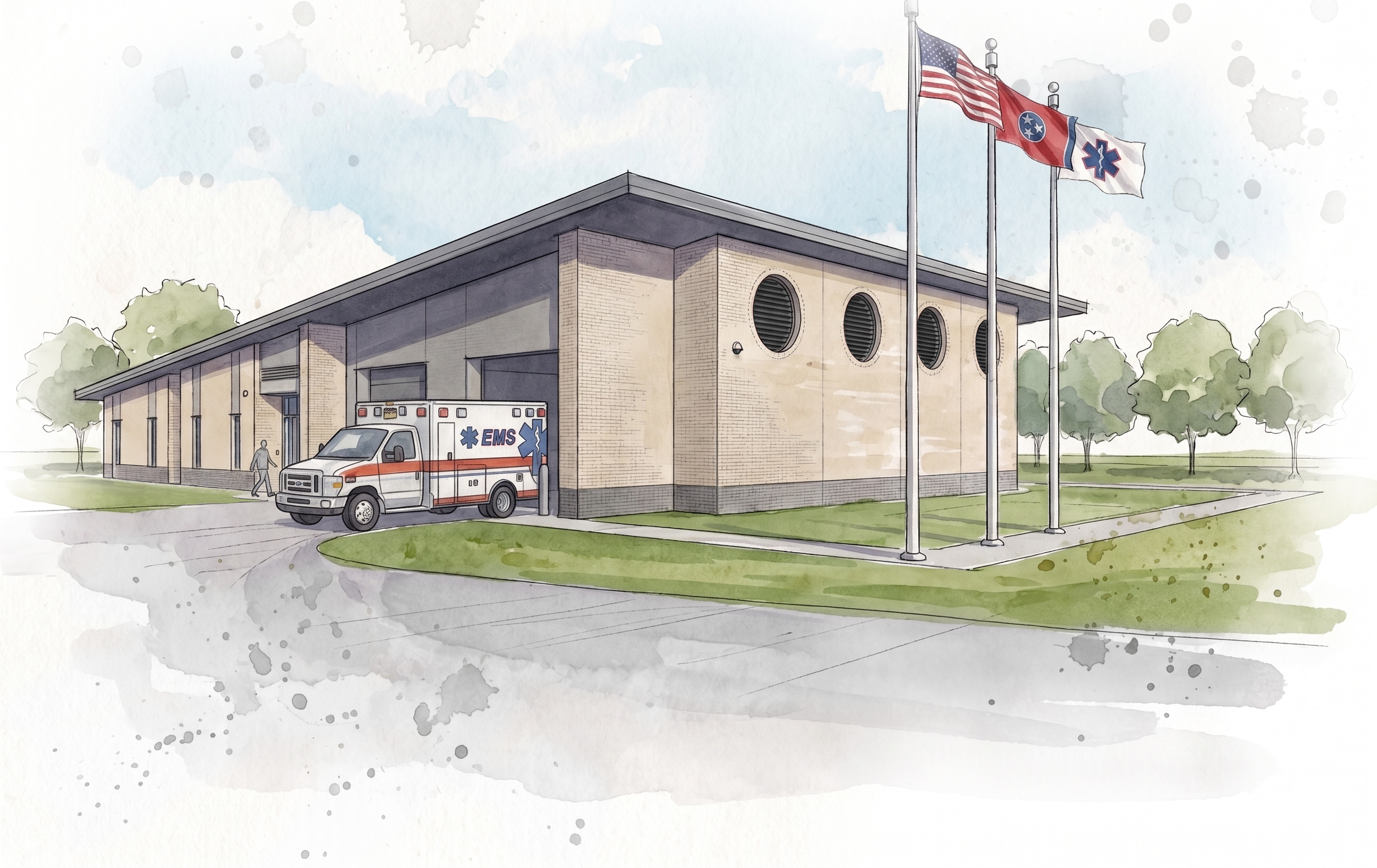 Watercolor illustration of a modern building with an EMS ambulance parked outside, three American flags and a Tennessee state flag on flagpoles in front, surrounded by trees and a cloudy sky.