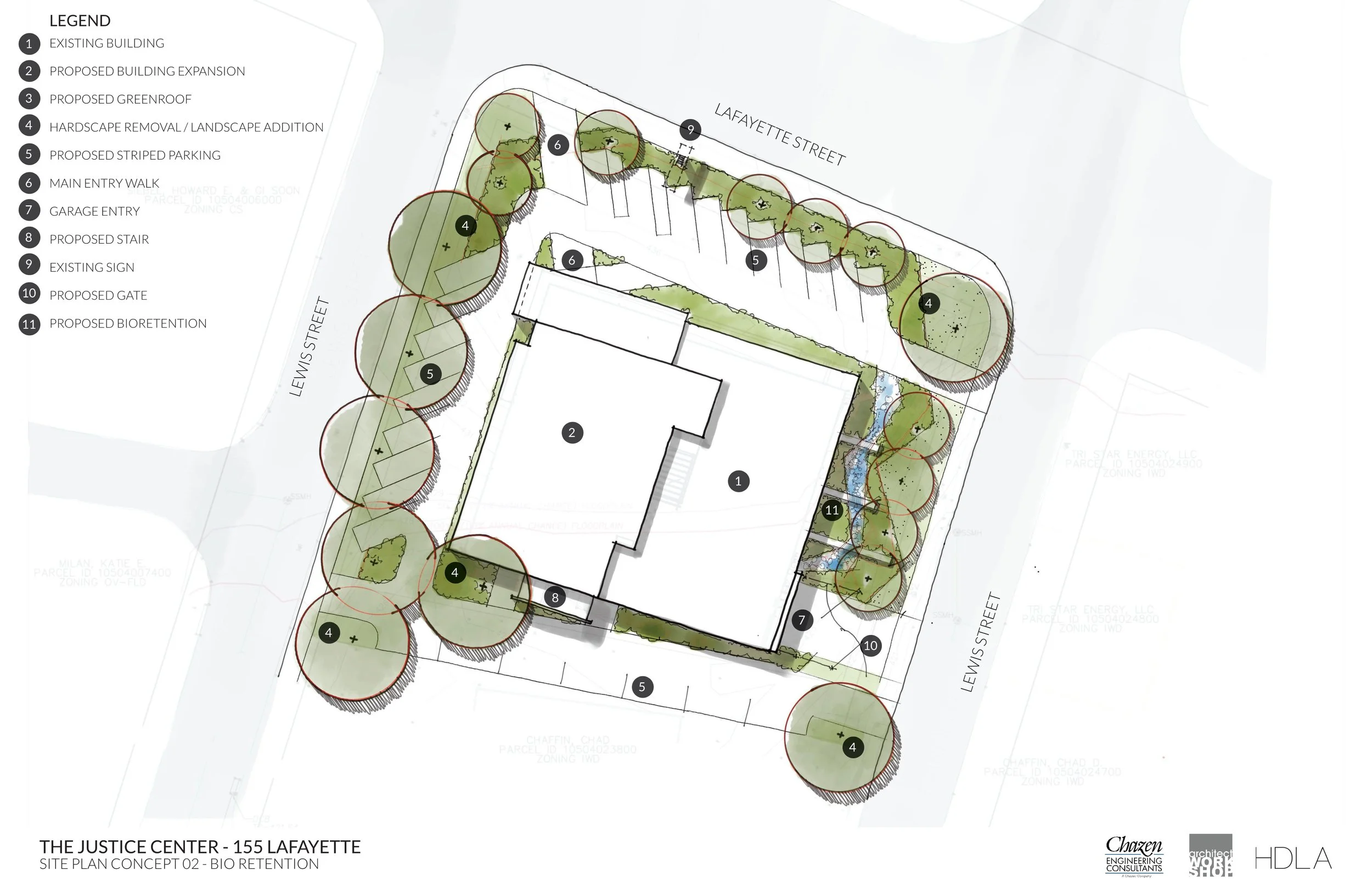 Site plan for The Justice Center at 155 Lafayette, showing existing and proposed buildings, green roofs, landscape modifications, parking, main entry walk, garages, signage, gates, bioretention, and landscape trees, with street names Lafayette Street and Lewis Street.