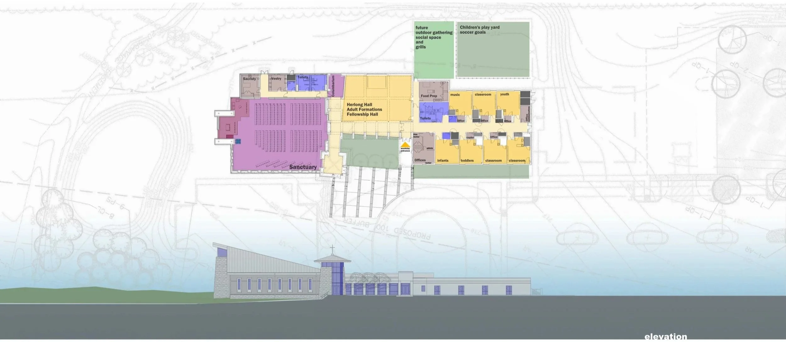 Site plan of a building complex showing various rooms including sanctuary, Herlong Hall for adult formations, fellowship hall, classrooms, offices, toilets, and outdoor green spaces with trees and pathways.