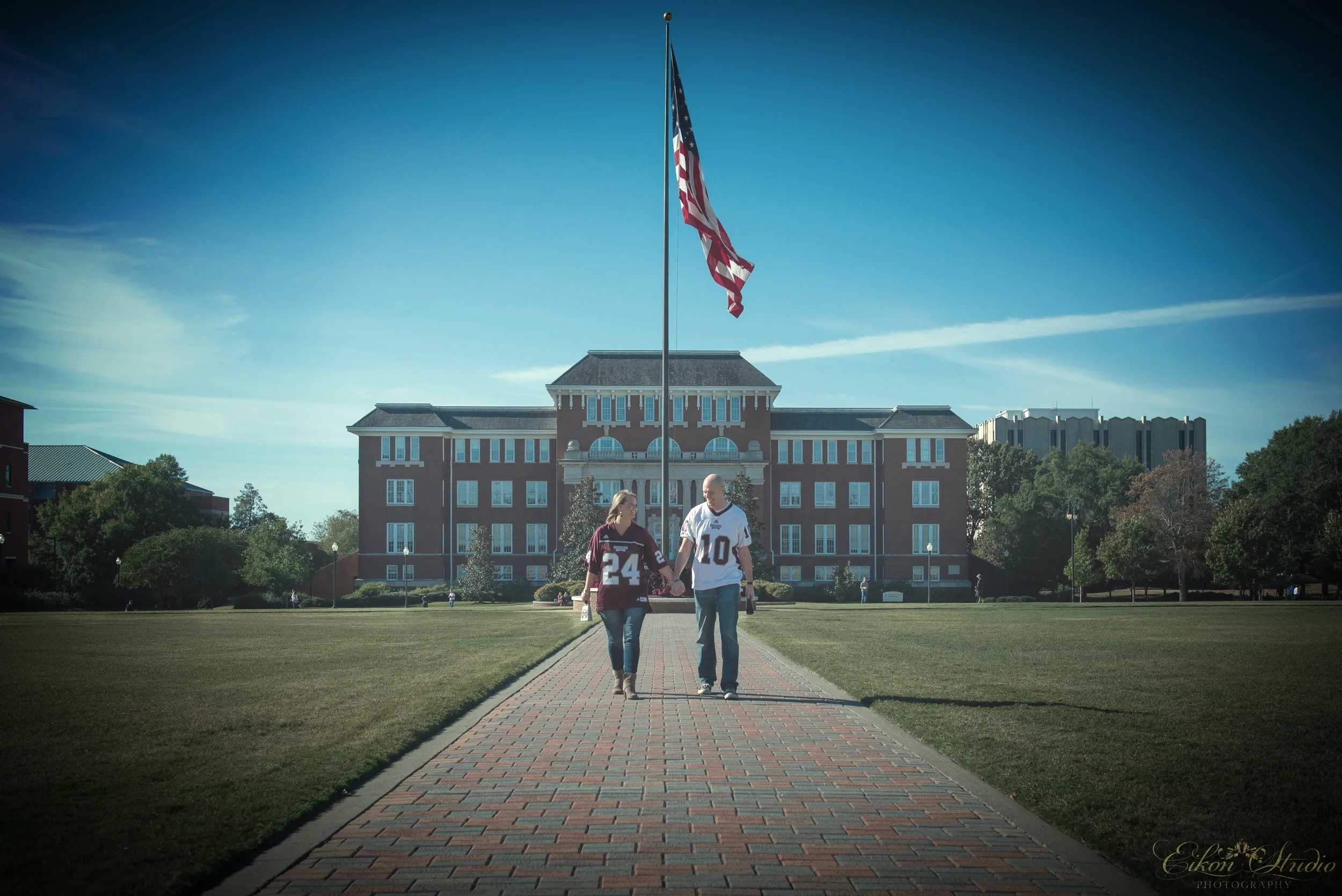 engagement photos, cowbell, mississippi state university, bulldogs, davis wade stadium, drill field, starkville, ms