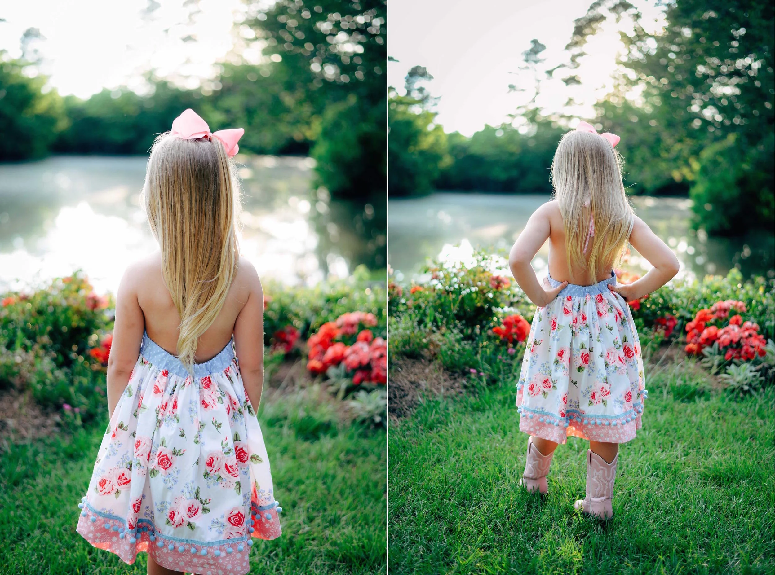 southern blonde girl in flowery dress by lake