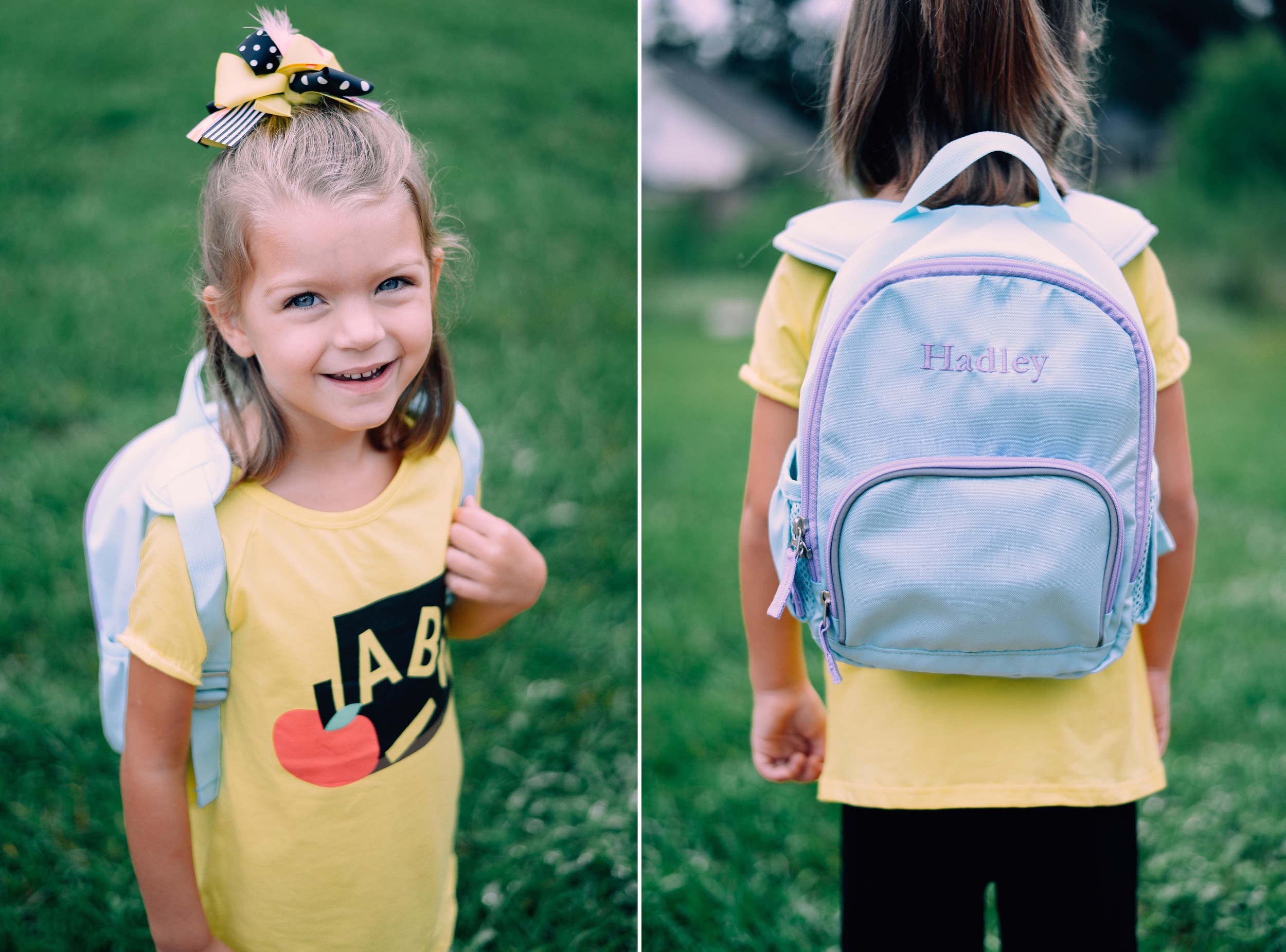 girl with backpack and abc shirt on first day of school