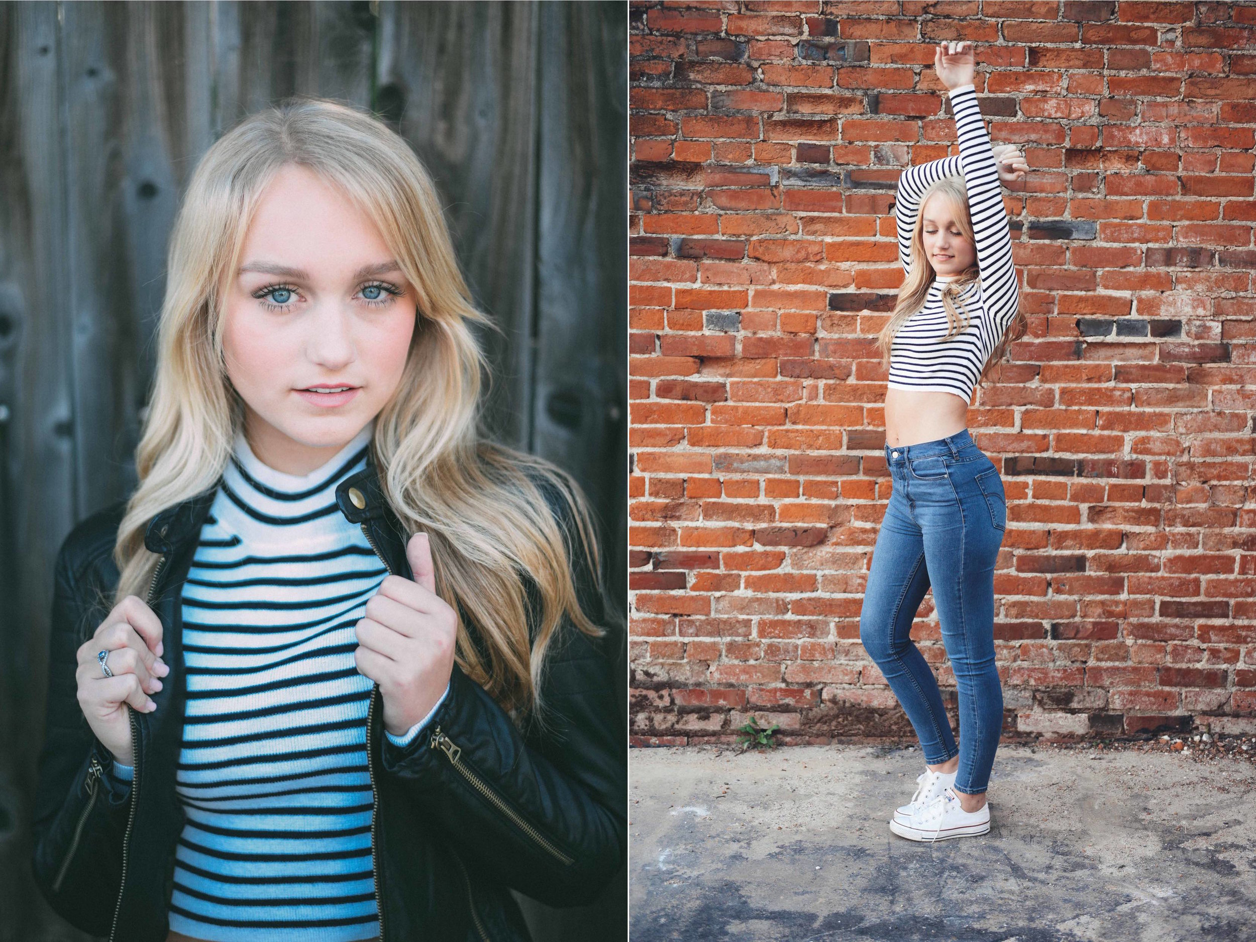 girl in striped shirt against wall and wooden door